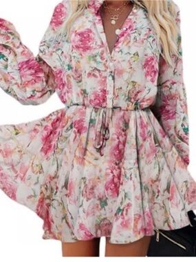 Floral Pink Button-Front Babydoll Dress